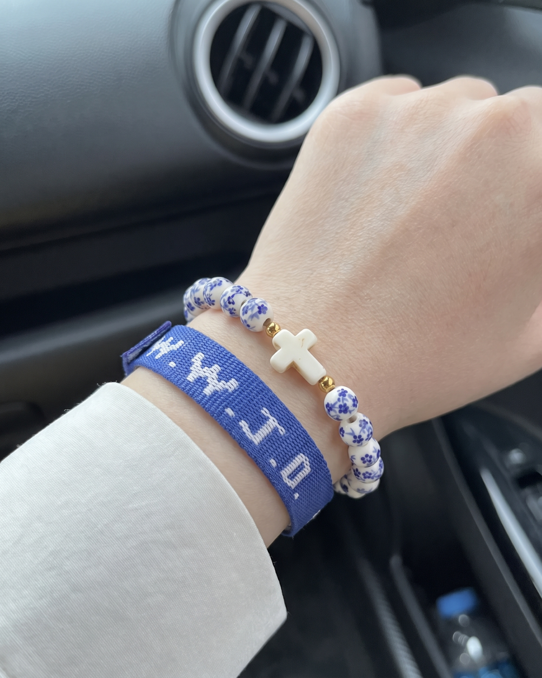 WWJD Floral Ceramic Cross Bracelet Stack