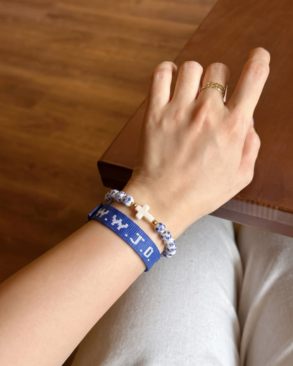 WWJD Floral Ceramic Cross Bracelet Stack