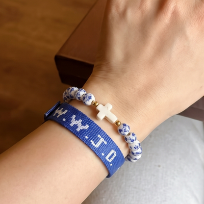 WWJD Floral Ceramic Cross Bracelet Stack
