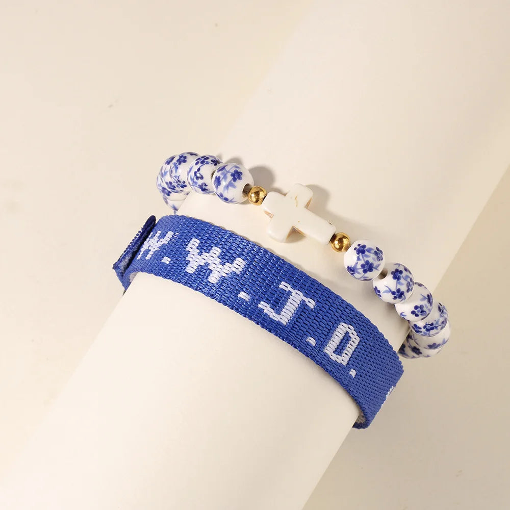 WWJD Floral Ceramic Cross Bracelet Stack