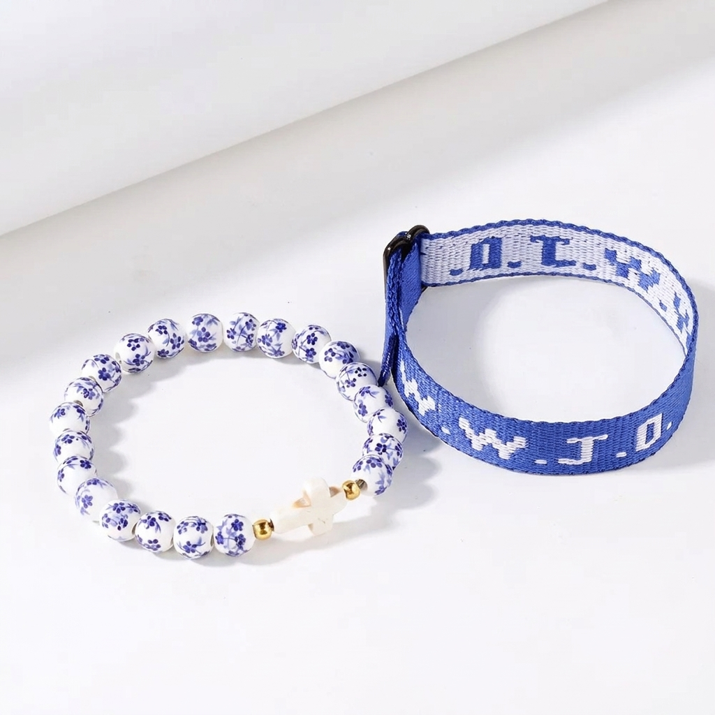 WWJD Floral Ceramic Cross Bracelet Stack